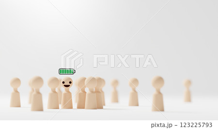 Extrovert concept design of group of wooden people with full battery on white background with copy space 3D render 123225793