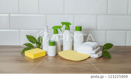 Eco-friendly cleaning supplies with green leaves and tiles 123225809