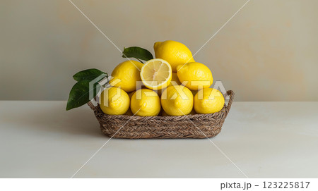 Lemons with leaves in earthy woven basket under soft light 123225817