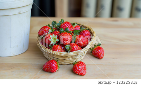 Fresh strawberry harvest in rustic handmade basket	 123225818