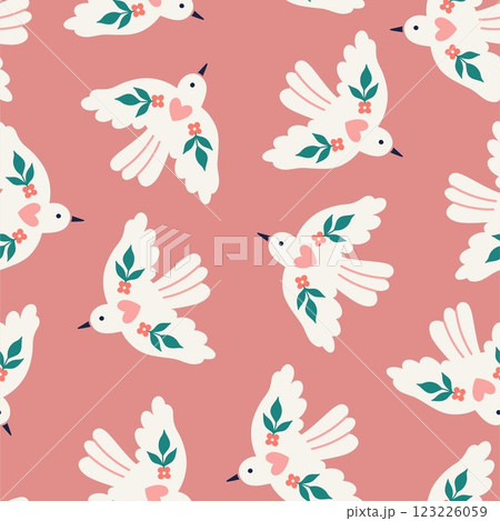 Simple seamless pattern with flying white birds on a pink background. Vector graphics. Simple seamless pattern with flying white birds on a pink background. Vector graphics. 123226059