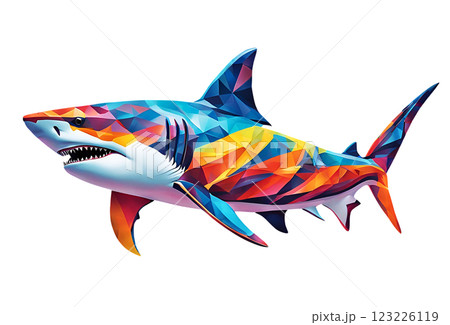 白バックにカラフルな色のホホジロザメのイラスト 123226119
