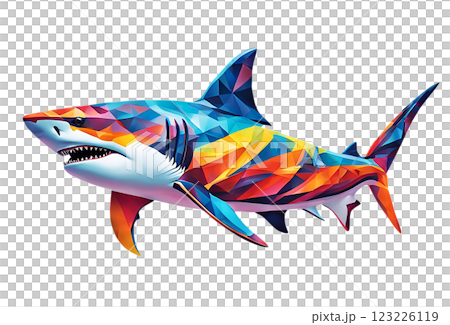 白バックにカラフルな色のホホジロザメのイラスト 123226119