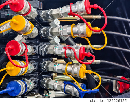 Hydraulic components arranged with colored connectors for efficient system operation in industrial machinery Hydraulic components arranged with colored connectors for efficient system operation in industrial machinery 123226125
