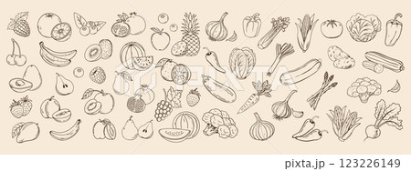 Set of sketch vegetables and fruits. Collection of hand drawn farm products for restaurant menu, market label. Retro style illustration sketch 123226149
