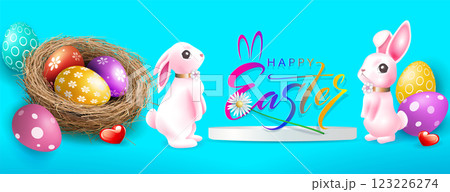 Blue composition with Easter eggs, podium and cute pink rabbits Blue composition with Easter eggs, podium and cute pink rabbits 123226274
