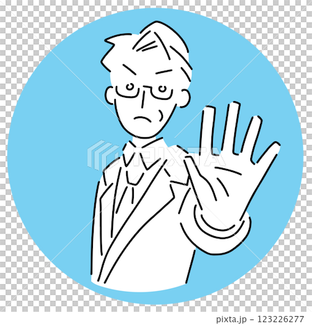 身穿西裝、戴著眼鏡的中年老人擺出左手向前的姿勢 向量插圖 身穿西裝、戴著眼鏡的中年老人擺出左手向前的姿勢 向量插圖 123226277