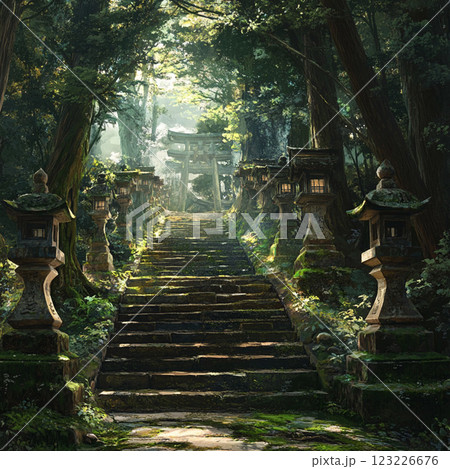 幽玄の森に続く、静寂と神秘の石段参道 123226676