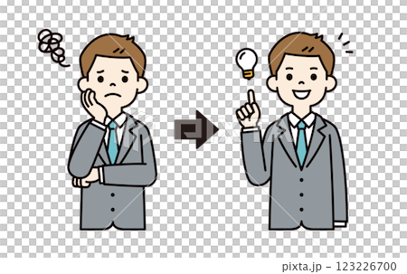 Vector illustration material of a young businessman with a thinking expression and a flash of inspiration_Line width can be edited_Color 123226700