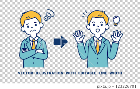 Vector illustration of a young businessman who came up with a way to solve his problems_Line width can be edited Vector illustration of a young businessman who came up with a way to solve his problems_Line width can be edited 123226701