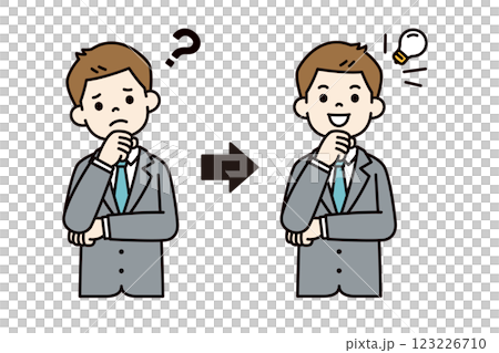 困った表情とひらめいた表情の、若いビジネスマンのベクターイラスト素材＿線幅の編集可能＿カラー 123226710
