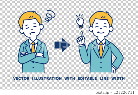 Vector illustration of a young businessman who turns trouble into relief_Line width can be edited 123226711