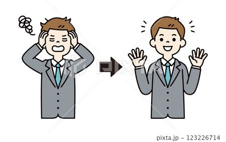 失敗を解決する、若いビジネスマンのベクターイラスト素材＿線幅の編集可能＿カラー 123226714