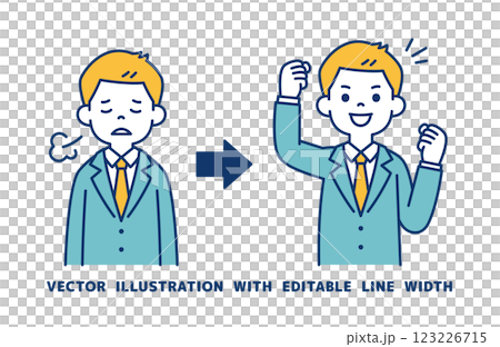 Vector illustration of a young businessman with a tired and energetic expression_Line width can be edited 123226715