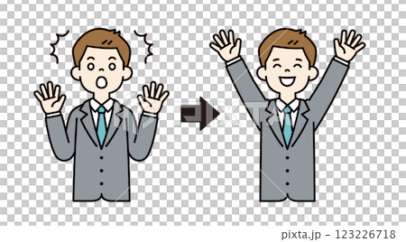 驚いた表情と大喜びする表情の、若いビジネスマンのベクターイラスト素材_線幅の編集可能_カラー 驚いた表情と大喜びする表情の、若いビジネスマンのベクターイラスト素材_線幅の編集可能_カラー 123226718