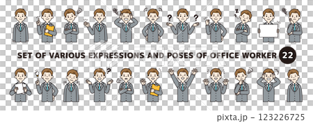 Set of various expressions and poses of young businessmen 1/2_Vector illustration material_Line width can be edited_Color 123226725