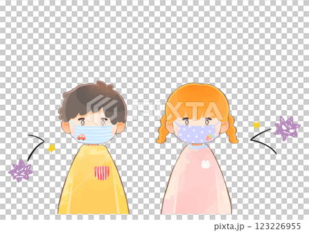 マスクをしてウイルス対策をする子供　男の子と女の子 123226955