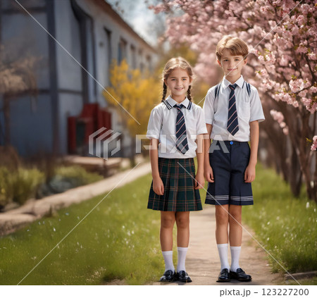 通学路にある桜の下で記念撮影をする幼馴染の小学生 123227200