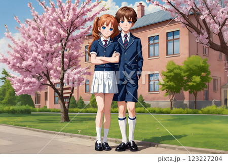 幼馴染と桜咲く校舎前で卒業記念撮影 123227204