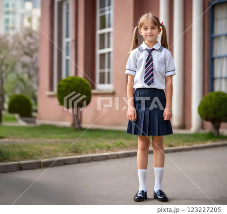 校舎の前に立つ夏服の女子小学生 123227205