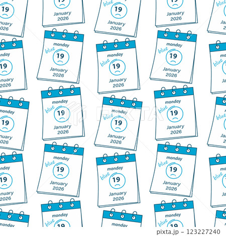 2026 January 19 Sad emoticon, date and lettering Calendar pages Seamless Pattern Blue Monday fond 2026 January 19 Sad emoticon, date and lettering Calendar pages Seamless Pattern Blue Monday fond 123227240
