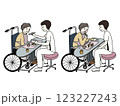 車椅子に座った高齢者が自力摂取する絵と医療従者が食事介助をする絵 123227243