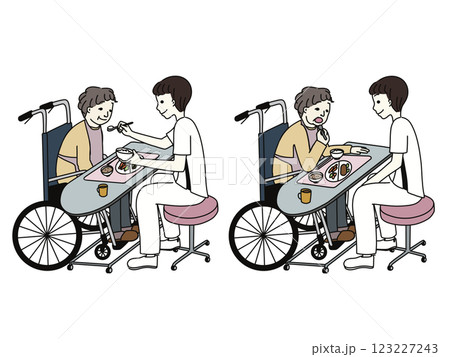 車椅子に座った高齢者が自力摂取する絵と医療従者が食事介助をする絵 123227243