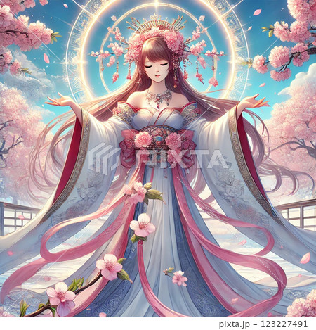 青空の下で桜の花を満開に咲かせる木花咲耶姫 青空の下で桜の花を満開に咲かせる木花咲耶姫 123227491