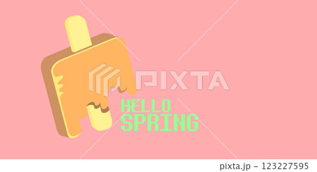 vector hello spring horizontal banner with flat melt ice cream isolated on pink sky background. Hello March Springtime background, poster, flyer and banner vector hello spring horizontal banner with flat melt ice cream isolated on pink sky background. Hello March Springtime background, poster, flyer and banner 123227595