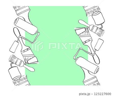 Painter tools brushes and rollers oval frame. Graphic lin ink vector template Trendy modern vector illustration isolated on white, hand drawn Painter tools brushes and rollers oval frame. Graphic lin ink vector template Trendy modern vector illustration isolated on white, hand drawn 123227600