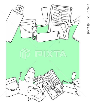 Painting tools seamless border frame. Brush, color can, roller, helmet, apron, paint tray graphic line ink vector illustration. isolated on white background template Painting tools seamless border frame. Brush, color can, roller, helmet, apron, paint tray graphic line ink vector illustration. isolated on white background template 123227614
