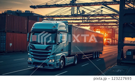 semi-track trailer in the evening harbor 123227693