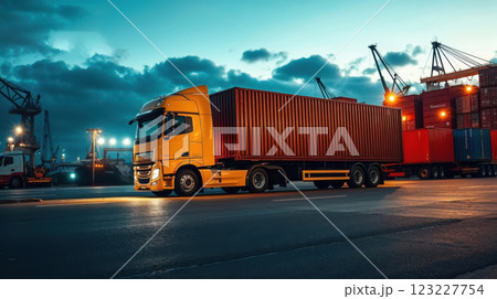 semi-track trailer in the evening harbor 123227754