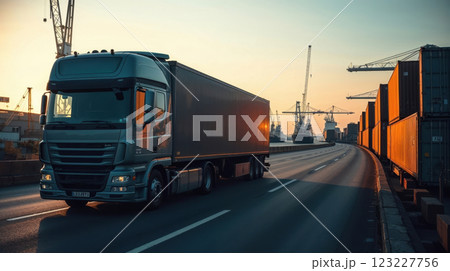 semi-track trailer in the evening harbor 123227756