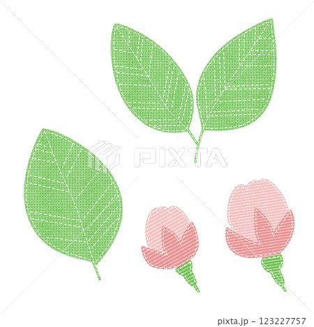 縫い目のあるワッペン風の桜の葉っぱとつぼみのイラスト 123227757