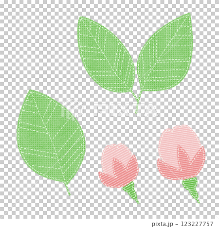 縫い目のあるワッペン風の桜の葉っぱとつぼみのイラスト 123227757