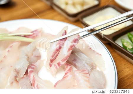 Korean seafood dish. raw fish Sashimi 123227843