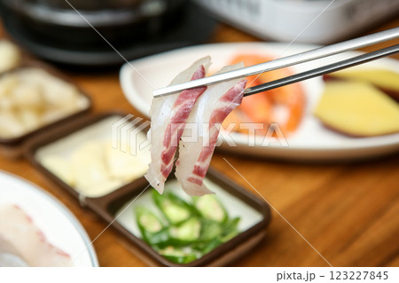 Korean seafood dish. raw fish Sashimi 123227845