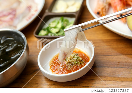Korean seafood dish. raw fish Sashimi 123227887