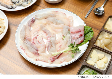 Korean seafood dish. raw fish Sashimi 123227907