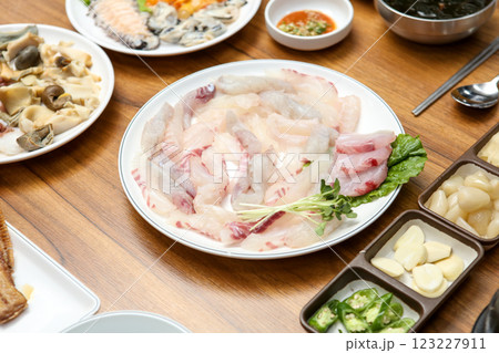 Korean seafood dish. raw fish Sashimi 123227911