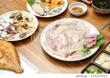 Korean seafood dish. raw fish Sashimi Korean seafood dish. raw fish Sashimi 123227913