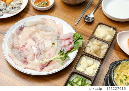 Korean seafood dish. raw fish Sashimi 123227916