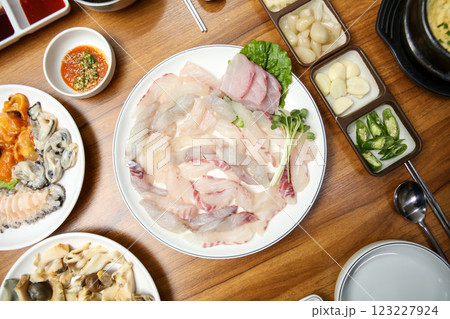 Korean seafood dish. raw fish Sashimi 123227924