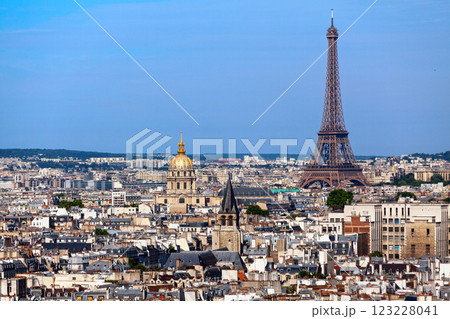 Aerial view of Paris with the Eiffel Tower dwarfing the surrounding buildings Aerial view of Paris with the Eiffel Tower dwarfing the surrounding buildings 123228041