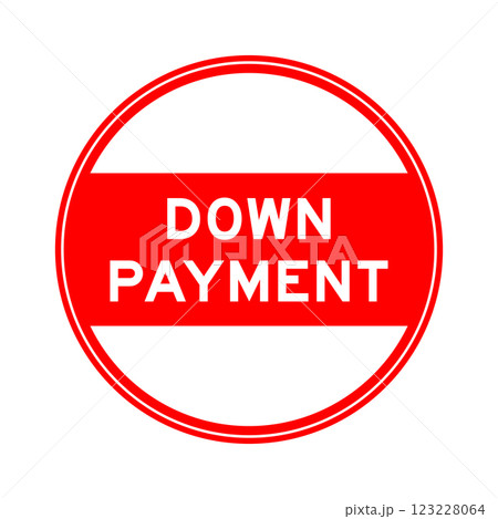 Red color round seal sticker in word down payment on white background 123228064