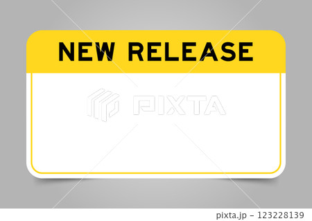 Label banner that have yellow headline with word new release and white copy space, on gray background 123228139
