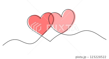 Two intertwined hearts in a continuous line drawing. Simple line art of two overlapping hearts for Valentine's Day. Two intertwined hearts in a continuous line drawing. Simple line art of two overlapping hearts for Valentine's Day. 123228522