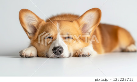 Corgi resting peacefully on a smooth surface during a quiet afternoon at home 123228713