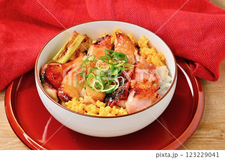 鶏モモ肉の照焼き丼、テリヤキ、照り焼き丼。 123229041